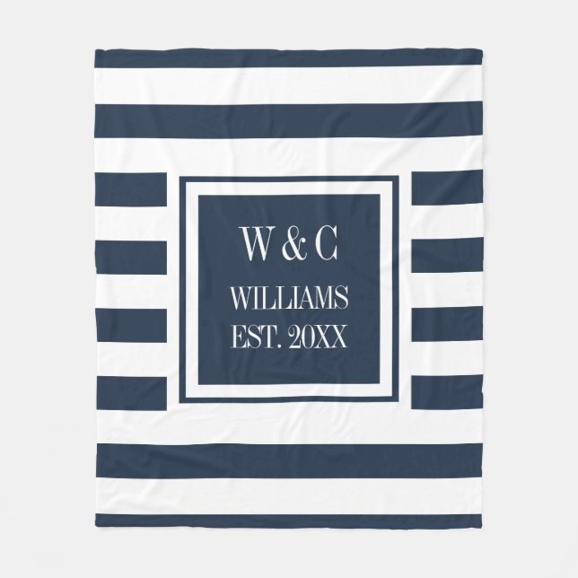 Navy Blue White Stripe Stylish Monogram Fleece Blanket (Front)