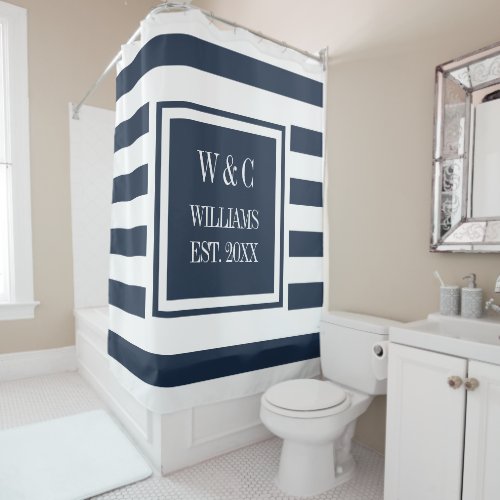 Navy Blue White Stripe Stylish Trendy Monogram Shower Curtain