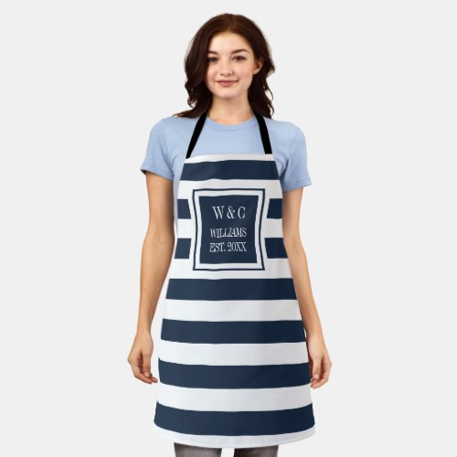 Navy Blue White Stripe Trendy Monogram Family Name Apron