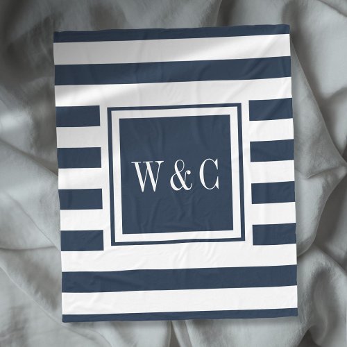 Navy Blue White Stripe Trendy Monogram Fleece Blanket