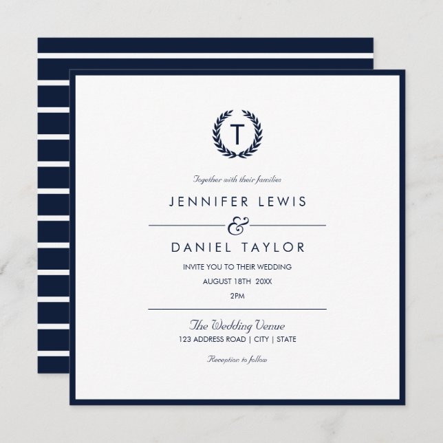 Navy Blue & White Stripe Wedding Invitation (Front/Back)