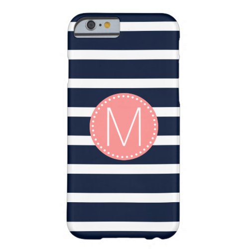 Navy Blue  White Stripe with Coral Monogram Barely There iPhone 6 Case
