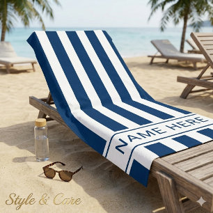 Navy Blue White Striped Beach Towel with Name