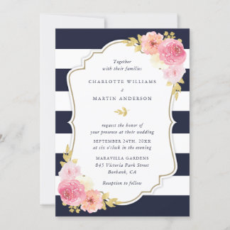 Navy Blue White Striped Blush Pink Floral Wedding Invitation