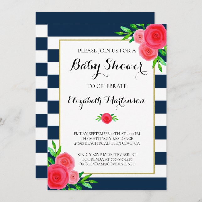 Navy Blue White Striped Coral Floral Baby Shower Invitation (Front/Back)