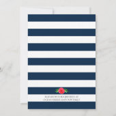 Navy Blue White Striped Coral Floral Baby Shower Invitation (Back)