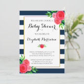 Navy Blue White Striped Coral Floral Baby Shower Invitation (Standing Front)