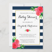 Navy Blue White Striped Coral Floral Baby Shower Invitation (Front)