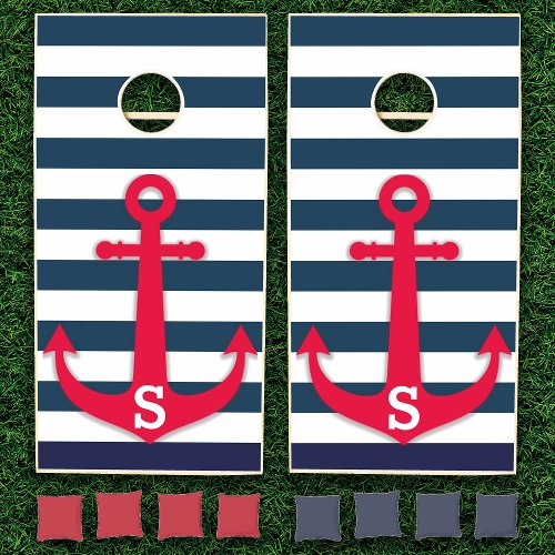 Navy Blue White Striped Monogram Anchor Nautical Cornhole Set