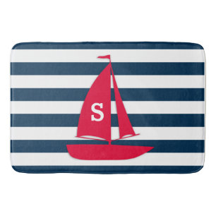 Navy Blue White Striped Monogram Red Boat Nautical Bath Mat