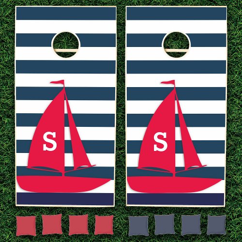 Navy Blue White Striped Monogram Red Boat Nautical Cornhole Set