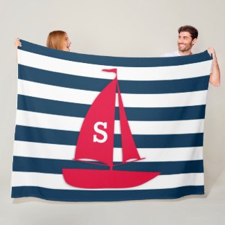 Navy Blue White Striped Monogram Red Boat Nautical Fleece Blanket