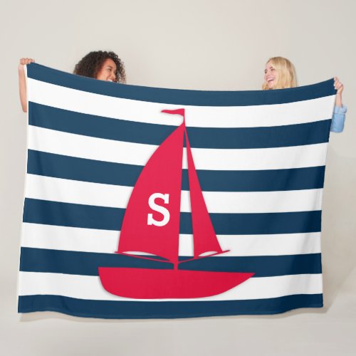 Navy Blue White Striped Monogram Red Boat Nautical Fleece Blanket