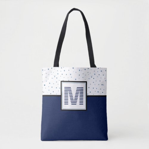 Navy Blue  White Striped Monogram Watercolor Dots Tote Bag