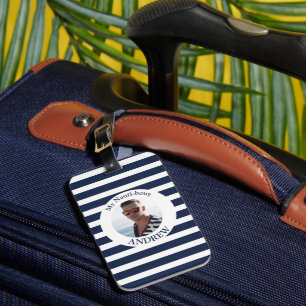 Navy Blue White Striped Nautical Photo Luggage Tag