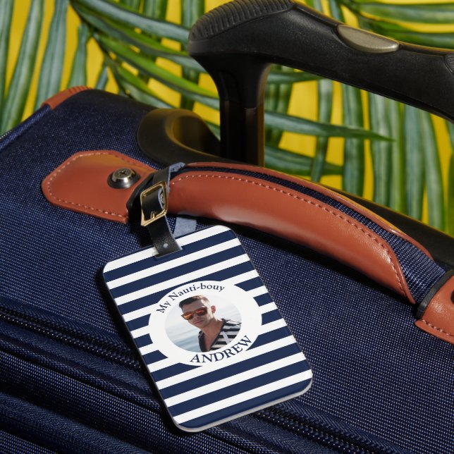 Navy Blue White Striped Nautical Photo  Luggage Tag (Front Insitu 1)