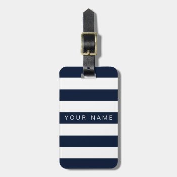 Navy Blue & White Striped Personalized Luggage Tag by StripyStripes at Zazzle