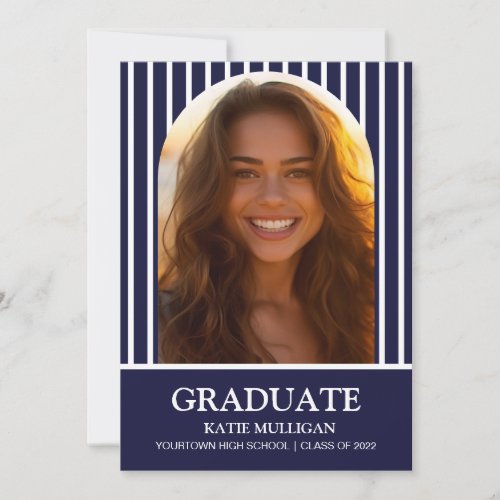 Navy Blue White Striped Photo Arch Graduation Invitation