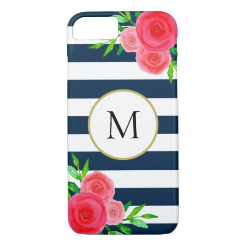 Navy Blue White Striped Watercolor Floral Monogram iPhone 87 Case