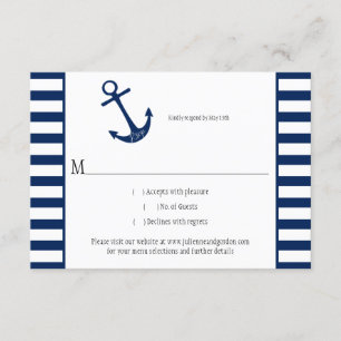 Navy Blue White Stripes Anchor Nautical Theme RSVP Card