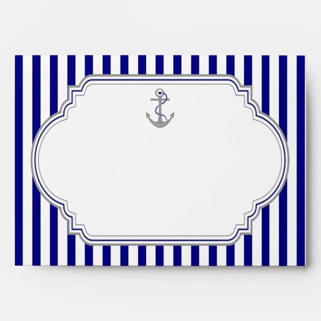 Navy blue, white stripes & anchor nautical wedding envelope (Front)