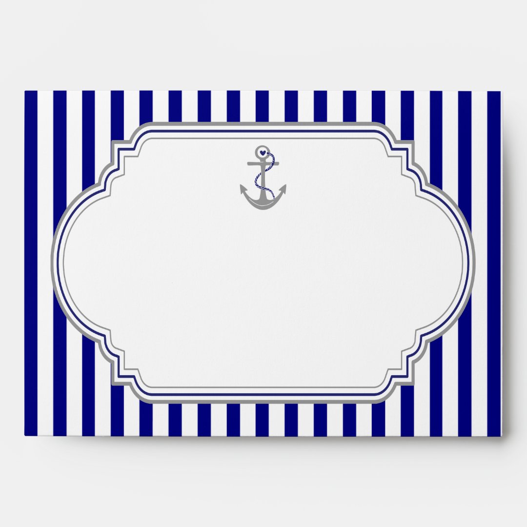 Navy blue, white stripes & anchor nautical wedding envelope | Zazzle