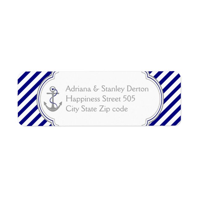 Navy blue, white stripes & anchor nautical wedding label (Front)