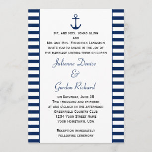 Navy Blue White Stripes Anchor Nautical Weddings Invitation