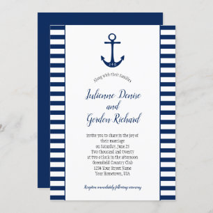 Navy Blue White Stripes Anchor Nautical Weddings Invitation