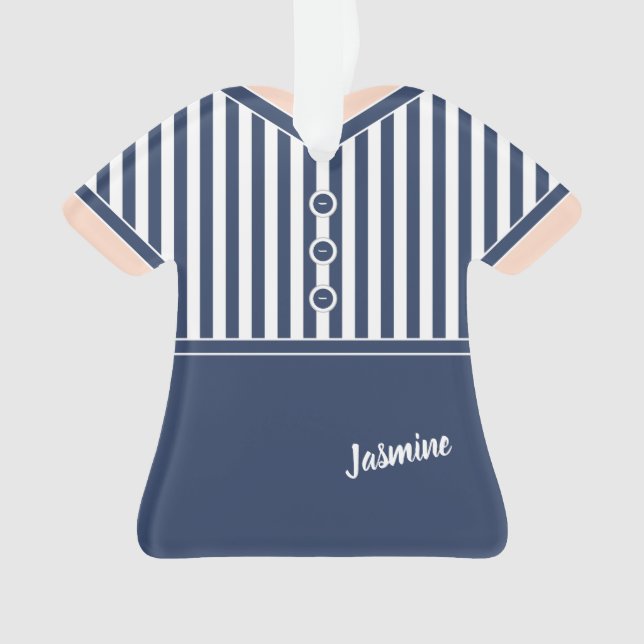 Navy Blue & White Stripes Athletic Tennis Outfit Ornament (Front)