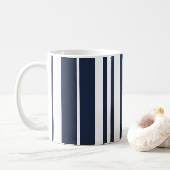 Navy Blue White Stripes Beach House Coffee Mug (With Donut)