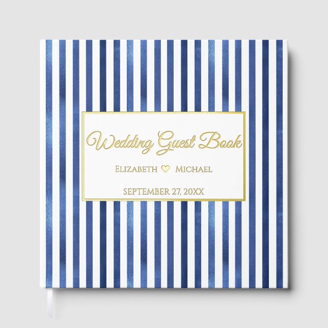 Navy Blue & White Stripes Coastal Nautical Design Foil Guest Book (Front)