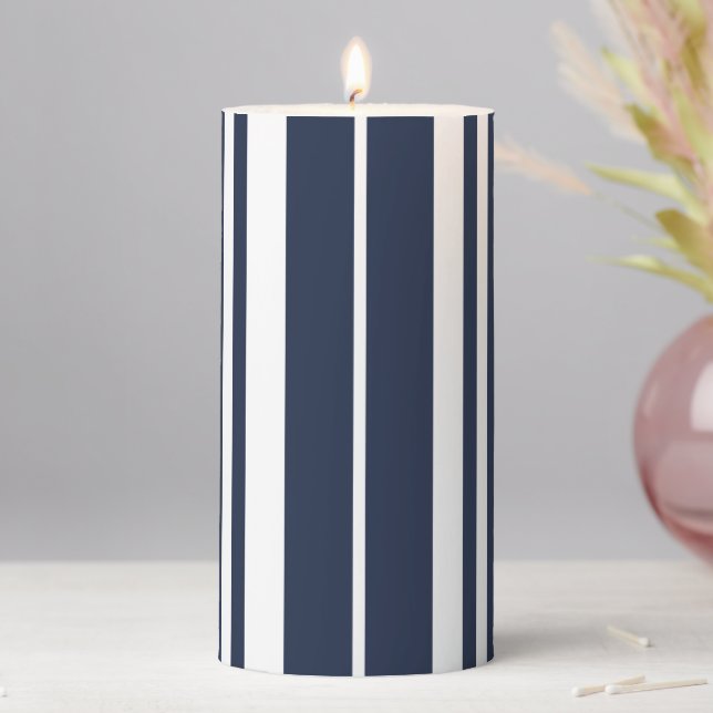 Navy Blue White Stripes Coastal Seaside Pillar Candle (In Situ)