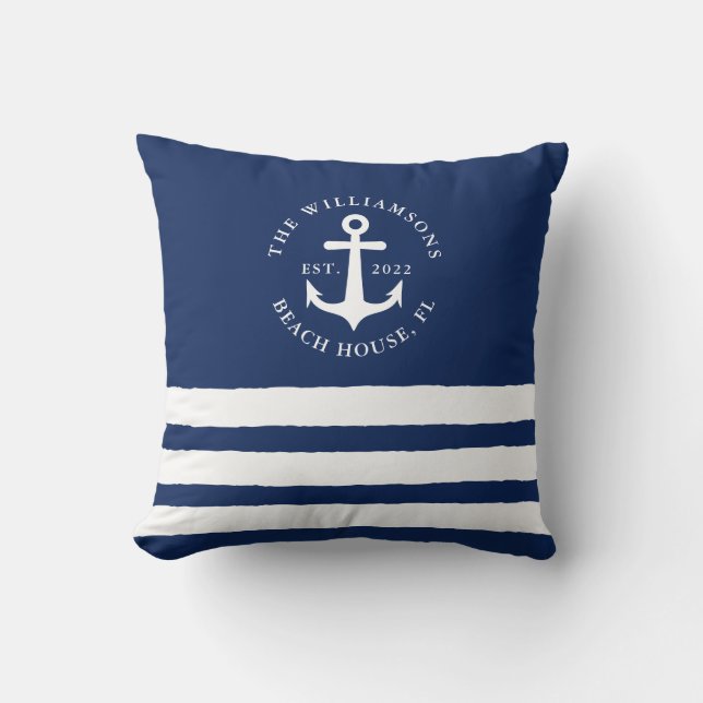 Navy Blue White Stripes Family Monogram Nautical Throw Pillow (Front)
