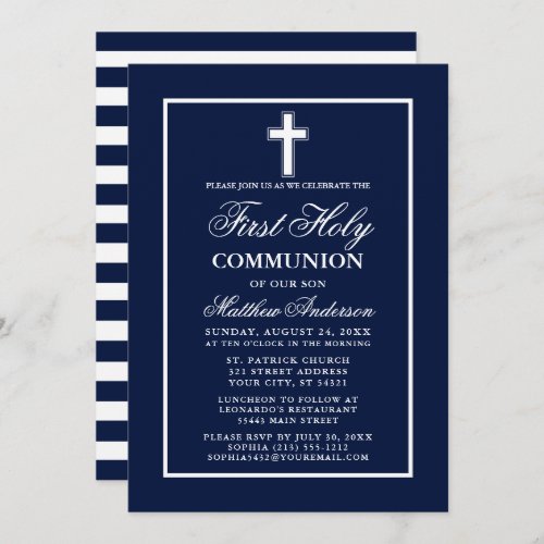 Navy Blue White Stripes First Holy Communion Invitation