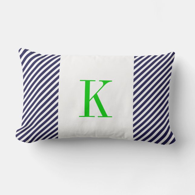 Navy Blue White Stripes Green Monogram Lumbar Pillow (Front)