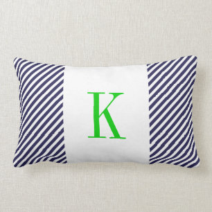 Navy Blue White Stripes Green Monogram Lumbar Pillow