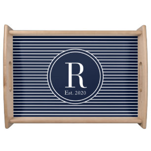 Navy Blue White Stripes Letter Year Established Serving Tray