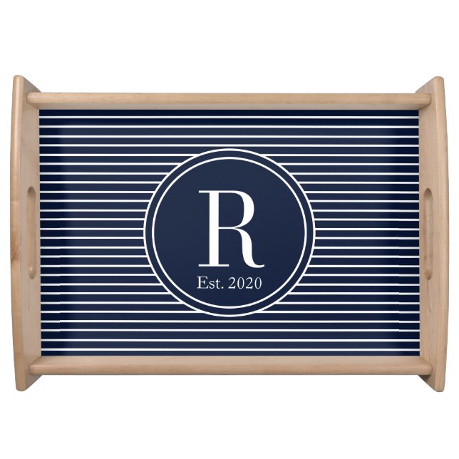 Navy Blue White Stripes Letter Year Established Serving Tray (Front)
