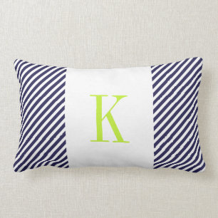 Navy Blue White Stripes Lime Green Monogram Lumbar Pillow