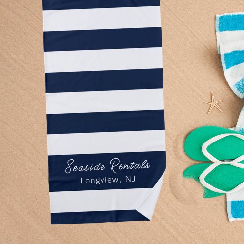 Navy blue white stripes name script beach towel