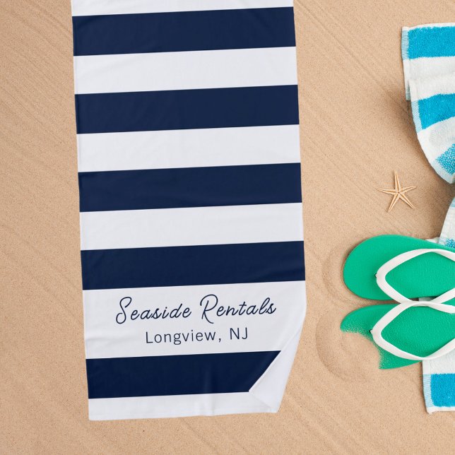 Navy blue white stripes name script beach towel (Creator Uploaded)