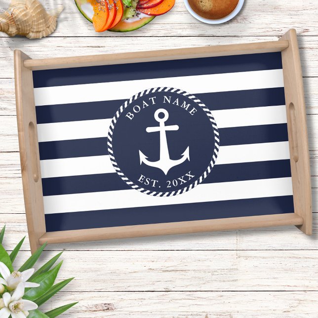Navy Blue White Stripes Nautical Anchor Boat Name Serving Tray (Creator Uploaded)
