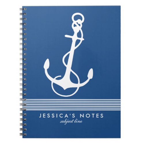 Navy Blue  White Stripes Nautical Boat Anchor 2 Notebook