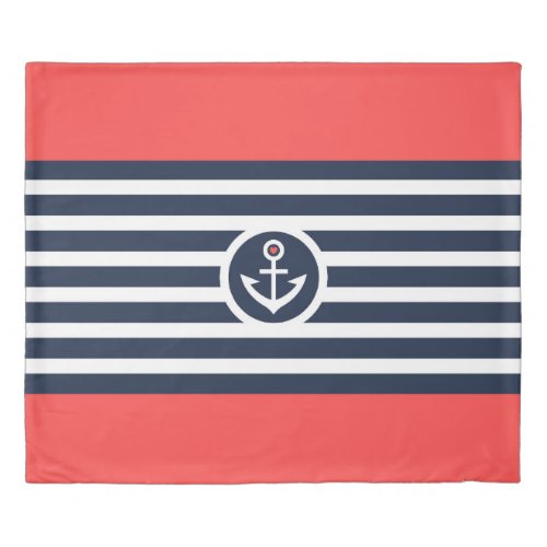 Navy_Blue  White Stripes Nautical Boat Anchor Duvet Cover