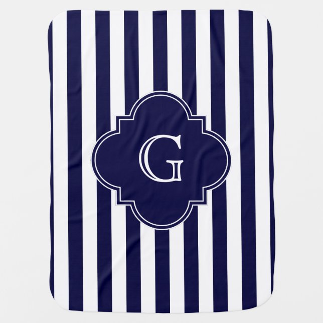 Navy Blue White Stripes, Navy Label Monogram Baby Blanket (Front)
