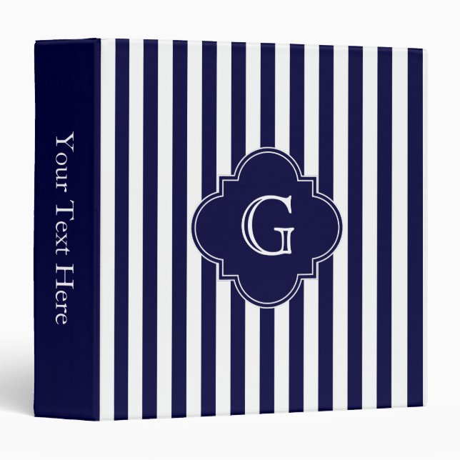 Navy Blue White Stripes, Navy Label Monogram Binder (Front/Spine)
