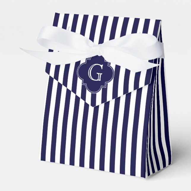 Navy Blue White Stripes, Navy Label Monogram Favor Boxes (Front Side)