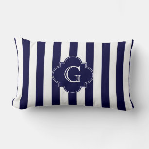 Navy Blue White Stripes, Navy Label Monogram Lumbar Pillow