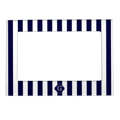 Navy Blue White Stripes Navy Label Monogram Magnetic Photo Frame